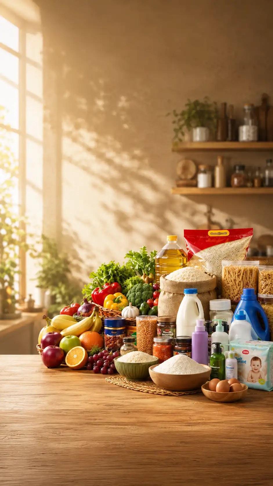 Everyday grocery and household essentials arranged on a wooden table
